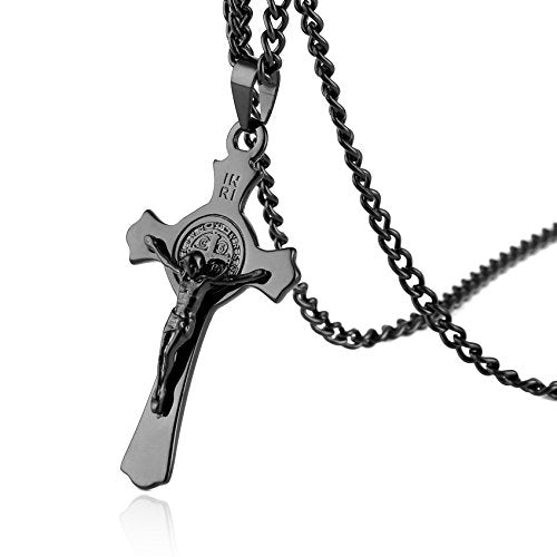 HZMAN Stainless Steel St. Benedict Crucifix Cross Necklace for Men - color: Standard Black
