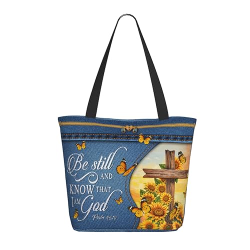 Tote Bag for Women，Everyday Carry Large Capacity Reusable Shopping Bag With Zipper For Groceries Work & Travel - color: Sonnenblume Schmetterling Kreuz Bibel