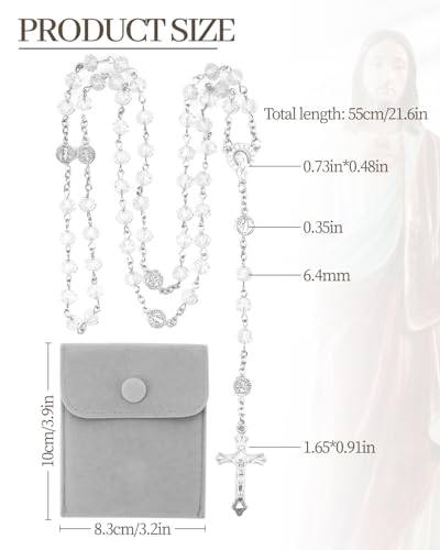 Rosary Beads for Women - Catholic Rosary Beads with Cross, Pink Crystal Rosary Necklace with Velvet Pouch, Religious Gifts for Women - color: Crystal