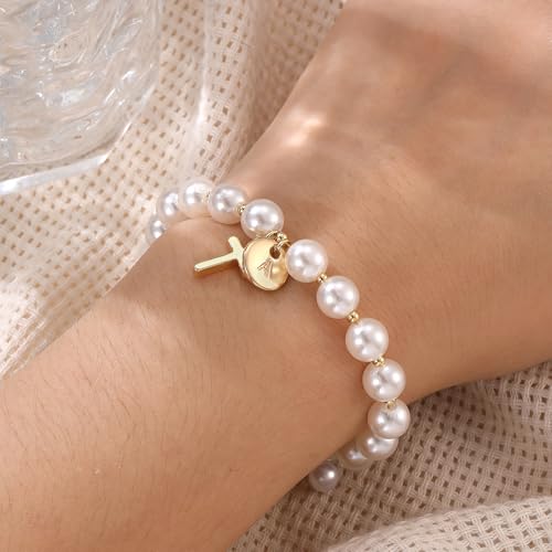 Cross Initial Bracelet Dainty Gold Cross Pearl Bracelet with Letter A-Z Christian Baptism Gifts Religious Faith Jewelry Stocking Stuffers for Teens - color: Gold E