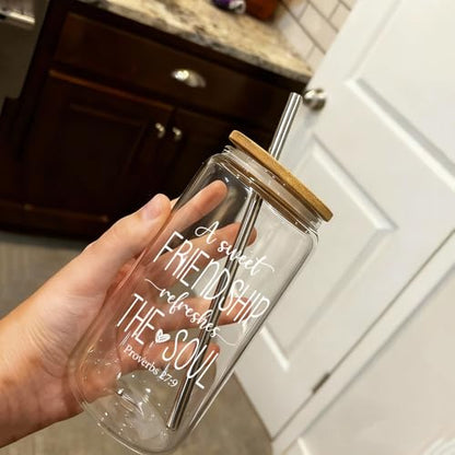 A Sweet Friendship Refreshes The Soul Christian Gifts for Women, Friendship Gifts for Women Sister Friends, Bible Verses Glass Cups Tumbler Cups W Lids Straws, Inspirational Religious Birthday Cup