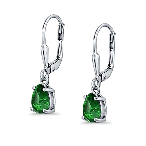 Teardrop Bridal Dangling Leverback Earrings Pear Cubic Zirconia 925 Sterling Silver - color: Simulated Green Emerald CZ