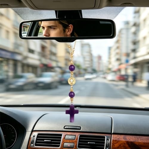 Cross Car Hanging Ornament, Hanging Charm Home Decoration Keepsake, Glass Beaded Accessories Pendant for Rear View Mirror, Festival Car Decor Charm for Men and Women (Purple) - color: Purple