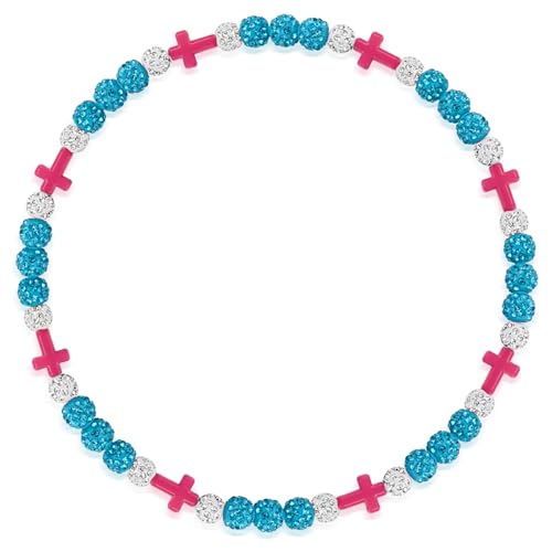 Beaded Baseball Necklace | Adjustable Sports Rope Chain with Baseball Cross Charm - Great Baseball Drip Gift for Players and Fans - color: Lt-Blue White Pink