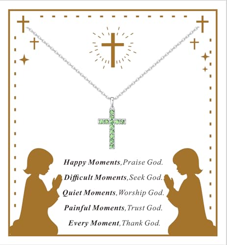 Birthstone Cross Necklace for Women,First Communion Gifts Easter Baptism Cross Jewelry Pendant Gift - color: 08August-Peridot Green