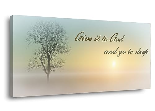 Lasdel Canvas Wall Art of Misty Sunset & Tree Plant Picture For Bedroom Home Above Bed, White Country Wood Sign For Bathroom, Give It To God & Go to Sleep Artwork Decor, Inner Frame 20x40 Inches - color: Yellow & Teal Sunrise Wal Art (D101), size: 40"L x