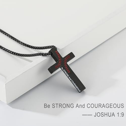 Baseball Bible Verse Cross Necklace for Boys Men, Stainless Steel Cross Pendant Baseball Game Day Christian Religious Jewelry Gifts for Teen Boys Kids - color: Black, style: Joshua 1:9