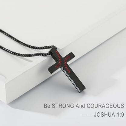 Baseball Bible Verse Cross Necklace for Boys Men, Stainless Steel Cross Pendant Baseball Game Day Christian Religious Jewelry Gifts for Teen Boys Kids - color: Black, style: Joshua 1:9