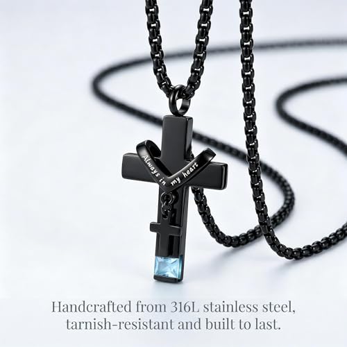 YOUFENG Birthstones Urn Necklaces for Ashes Cross Cremation Pendant Urns for Human Ashes Memorial Keepsake Locket Jewelry - style: March-birthstones