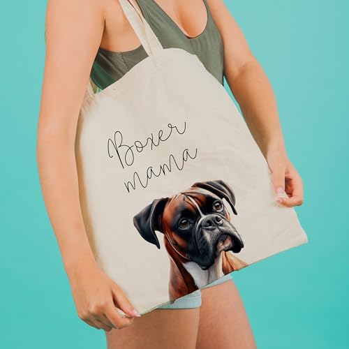 Dog Mom Canvas Tote Bag for Women, Reusable Cotton Shoulder Bag, Dog Lover Gift, Mother’s Day Pet Mom Shopping Tote - color: Boxer