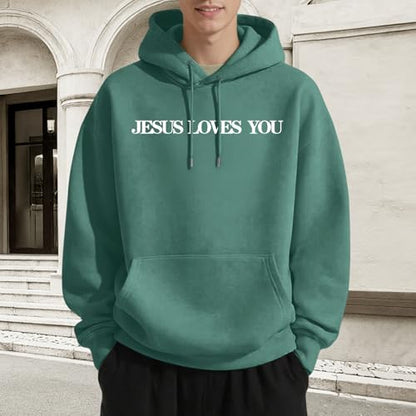 Christian Jesus Loves You Hoodies for Teen Religious Faith Sweatshirts Bible Verse Graphic Youth Hoodie - color: Green, size: X-Large