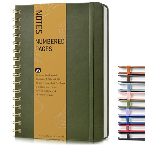 Lined Spiral Journal Notebook, A5 Hardcover Spiral Journals for Women Men, 150 Numbered Pages Spiral Bound Notebook, 100 GSM College Ruled Notebooks for Work, Note Taking 5.75" x 8.38", Olive Green - color: Green