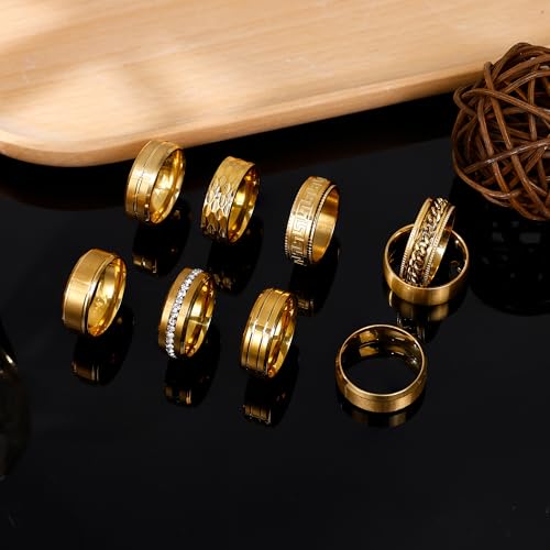 9Pcs 8MM Stainless Steel Band Rings for Men Women Chain Rings Simple Brushed Wedding Engagement Rings Set 7-13 - color: Gold