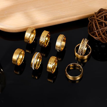 9Pcs 8MM Stainless Steel Band Rings for Men Women Chain Rings Simple Brushed Wedding Engagement Rings Set 7-13 - color: Gold