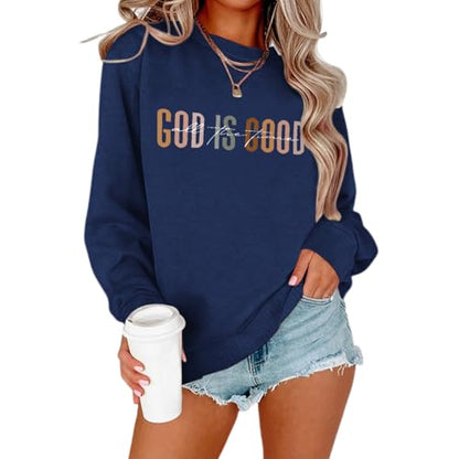 KIEKIECOO God is Good Sweatshirts for Women Christian Faith Sweatshirt Bible Verse Religious Long Sleeve Shirts Pullover - color: Navy Blue, size: Small