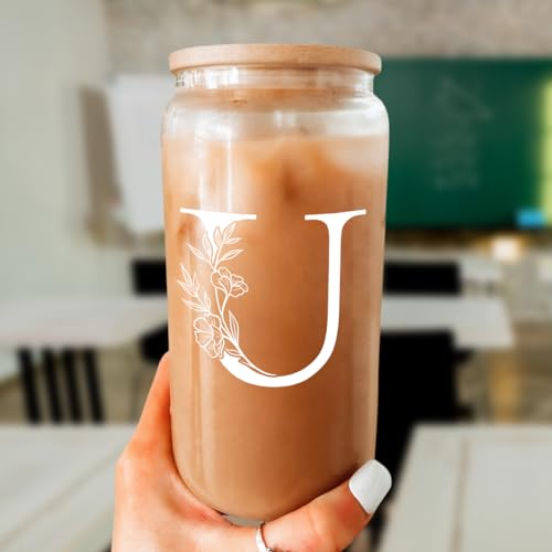 SANDJEST Monogrammed Gifts for Women - Monogram U Initial Glass Cup 16 Oz Can Coffee Cups with Lid and Straw - Monogram Initials Gifts for Womens on Birthday - color: Initial U