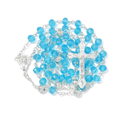 KOMI Crystal Rosary Beads with Jesus Crucifix, Catholic Necklace for Women First Communion Rosarios Wedding Rosary with Velvet Bag - style: 6MM-blue