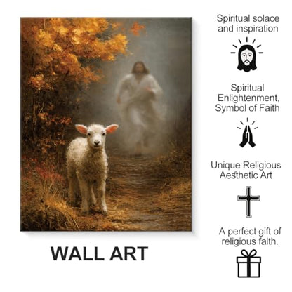 Christian Religious Wall Art Jesus Lost Lamb Prayer Canvas Print Framed - color: color-V