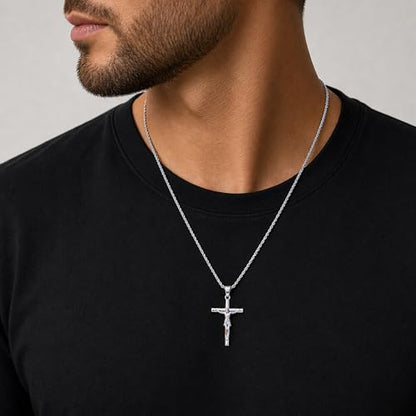 Mens Cross Necklace, 18K Gold Plated Crucifix Pendant - color: Silver