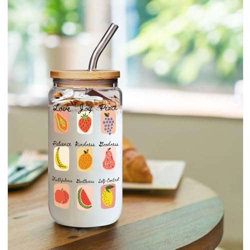 Christian Religious Glass Cup Gifts for Women Mother-Love Joy Peace Fruit of the Spirit, Christmas Inspirational Jesus Catholic Spiritual 16oz Glass Cup with Lid and Straw Gifts for Ladies Friends