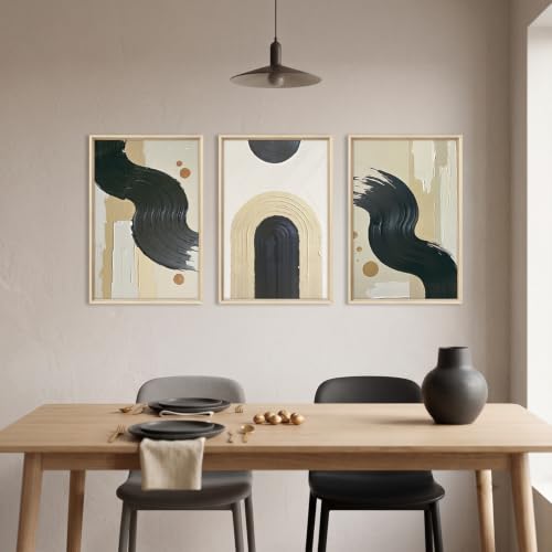 HOURIA Black Beige Abstract Neutral Framed Canvas Wall Art Set- 16"x24"x3 - color: Abstract Beige Black Wall Art, size: 16"L x 24"W