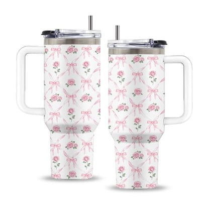 Bow Rose 40oz Tumbler, with Handle & Straw, Stainless Steel Cup - color: Bow Rose