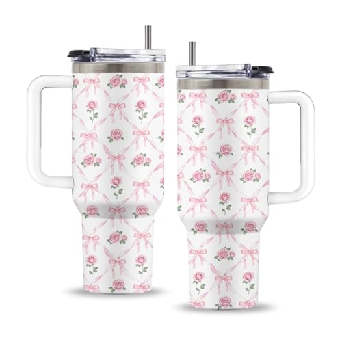 Bow Rose 40oz Tumbler, with Handle & Straw, Stainless Steel Cup - color: Bow Rose