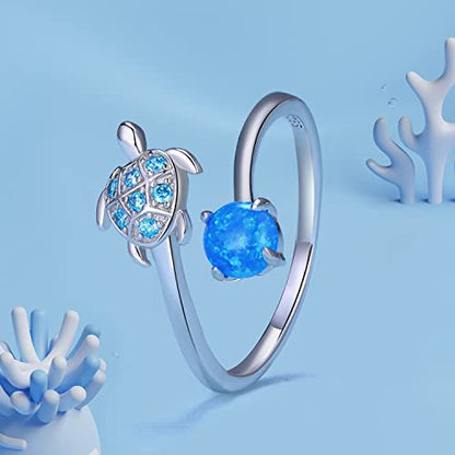 MUNDELL Blue Turtle Koi Fish Adjustable Ring Bird Animal Open Ring Seahorse Chameleon Wrap Finger Rings for Women Statement Ring - color: Turtle