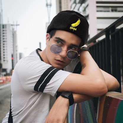 Black Beanie Hat for Men Women Embroidered Knit Winter Beanies Cap - color: Banana