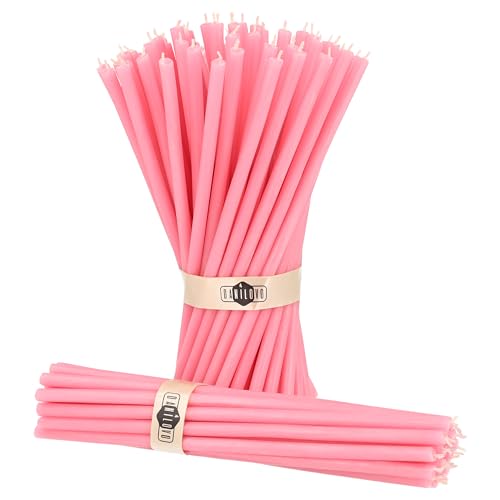 Danilovo Thin Taper Beeswax Candles - Honey-Scented, Decorative Candles Ideal for Birthday Decoration or Church Prayers - Pink Drip Free, Tall & Smokeless Pack of 50 pcs, 7.3 x 0.24 inch - color: Pink