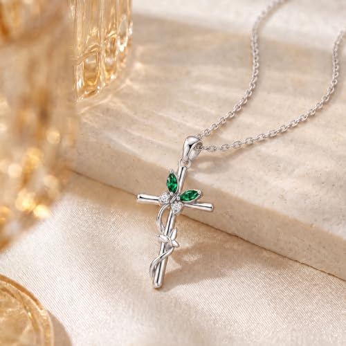 Distance Cross Necklace for Women 925 Sterling Silver Jewelry Pendant Necklace for Mom Wife Gift for Mother's Day or Birthday - style: 05-Emerald