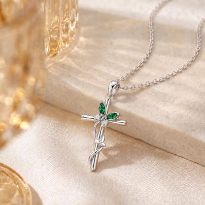 Distance Cross Necklace for Women 925 Sterling Silver Jewelry Pendant Necklace for Mom Wife Gift for Mother's Day or Birthday - style: 05-Emerald