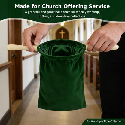 2 Pack Church Offering Bags with Wooden Handles, Deep Green Velvet Tithe Collection Bags with Neat Open Shape, Lined Interior, for Worship Service, Church Giving, Tithes and Donation Collection
