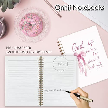 Coquette Pink Bow Christian Spiral Notebook 5.5x8.3, God is Within Her She Will Not Fall Bible Journaling, Religious Prayer Journal for Woman, Church Notes Notebook, Scripture Journal
