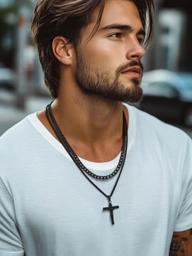 FaithHeart Cross Necklace for Men, Silver/Black/Gold Crucifix Necklace Stainless Steel Pendant with Cuban Chain Jesus Cross Necklaces Religious Gifts for Men - color: 02. INRI Cross-Black, size: Chain Length 18in/20in