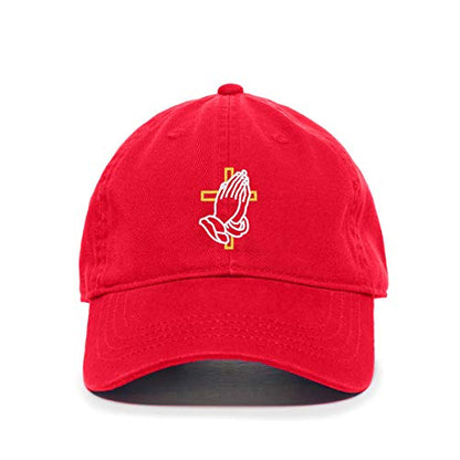 Praying Hands with Cross Baseball Cap Embroidered Cotton Adjustable Dad Hat - color: Red