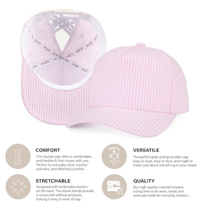 C.C Women's Criss-Cross Ponytail Trucker Hat - Snapback, One Size - color: Cotton Stripe-red