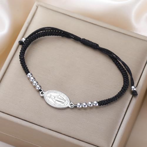 VASSAGO Virgin Mary Bracelet for Women Men Double-Sided Virgen de Guadalupe Rosary Bracelet Medal Handmade Braided Rope Catholic Christian Religious Jewelry Gift - color: silver-black string