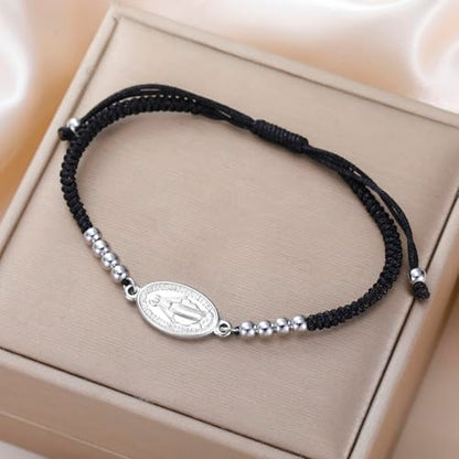 VASSAGO Virgin Mary Bracelet for Women Men Double-Sided Virgen de Guadalupe Rosary Bracelet Medal Handmade Braided Rope Catholic Christian Religious Jewelry Gift - color: silver-black string