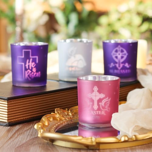 SHMILMH Easter Decorations for Religious Home Decor, He is Risen Decor Table Centerpiece, Christian Easter Decor Frosted Glass Votive Tealight Candle Holders Set of 4
