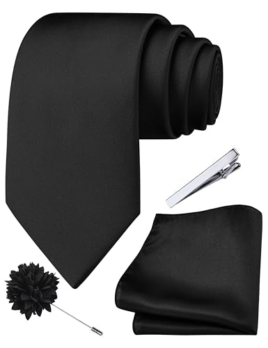 Branduce 3.15"（8cm） Mens Tie and Lapel Pin Solid Necktie Handkerchief Tie Clip Set for Men - color: Black