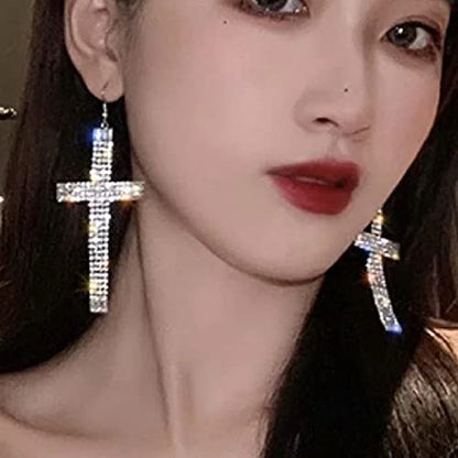 Wekicici Rhinestone Cross Drop Earrings - Fashion Tassel Hoop Earrings with Crystal Cross Design - Accessories for Women