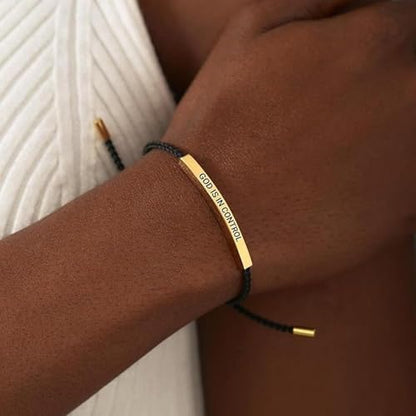 God is in Control Leather Bracelet, Stainless Steel Christian Faith Braided Engraved Bar Bracelets Self Worth Motivation Bracelet Inspirational Friendship Jewelry for Men Women - color: Black&Gold
