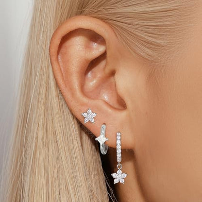 Angelady Gold Hoop Earrings Set for Women, Dainty 14K Gold Plated Flower Moon Cross Dangle Earrings, Hypoallergenic Huggie Hoop Earring Stacks, Stud Earrings for Women Trendy Jewelry Gift - color: Silver,Flower Earrings