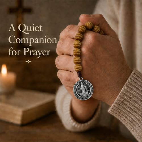 8 Inch Wooden Pocket Rosary for Men, Rosario with Saint Benedict Medal - color: Black