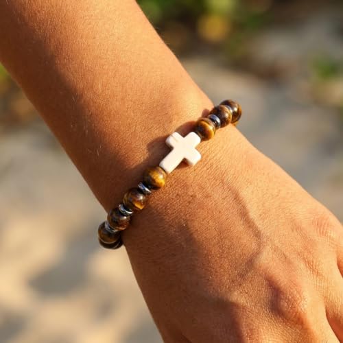 Cross Birthstone Gemstone Beaded Stretch Protection Bracelet for Man Woman, Handmade Healing Stone Chakra Beads Elastic Bracelets Accessories Fashion Jewelry Gift. - color: Cross Tiger Eye Bead