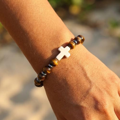 Cross Birthstone Gemstone Beaded Stretch Protection Bracelet for Man Woman, Handmade Healing Stone Chakra Beads Elastic Bracelets Accessories Fashion Jewelry Gift. - color: Cross Tiger Eye Bead