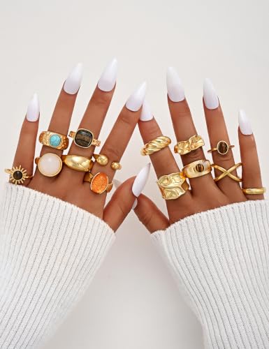 Gold Stackable Rings Set for Women, Gold Plated Chunky Crystal Finger Rings - color: Chunky Gold