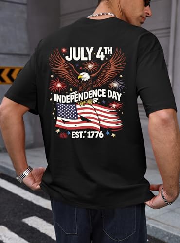 Herberton Men's Graphic T-Shirt Loose Fit Cotton Fashion Casual Streetwear Crewneck Short Sleeve Tee (S-XXL) - color: Black - Eagle Flag, size: Small