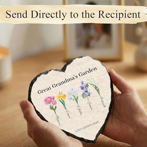 Personalized Grandma Garden Stone Heart with Grandkids Names & Birth Flowers – Custom Slate Gift for Nana, Mimi & Mom – Heartfelt Plaque for Mother’s Day, Birthday Gifts (S-202) - color: S-202